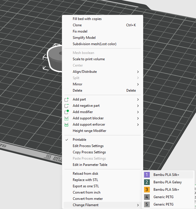 Bambu Studio Change Filament menu