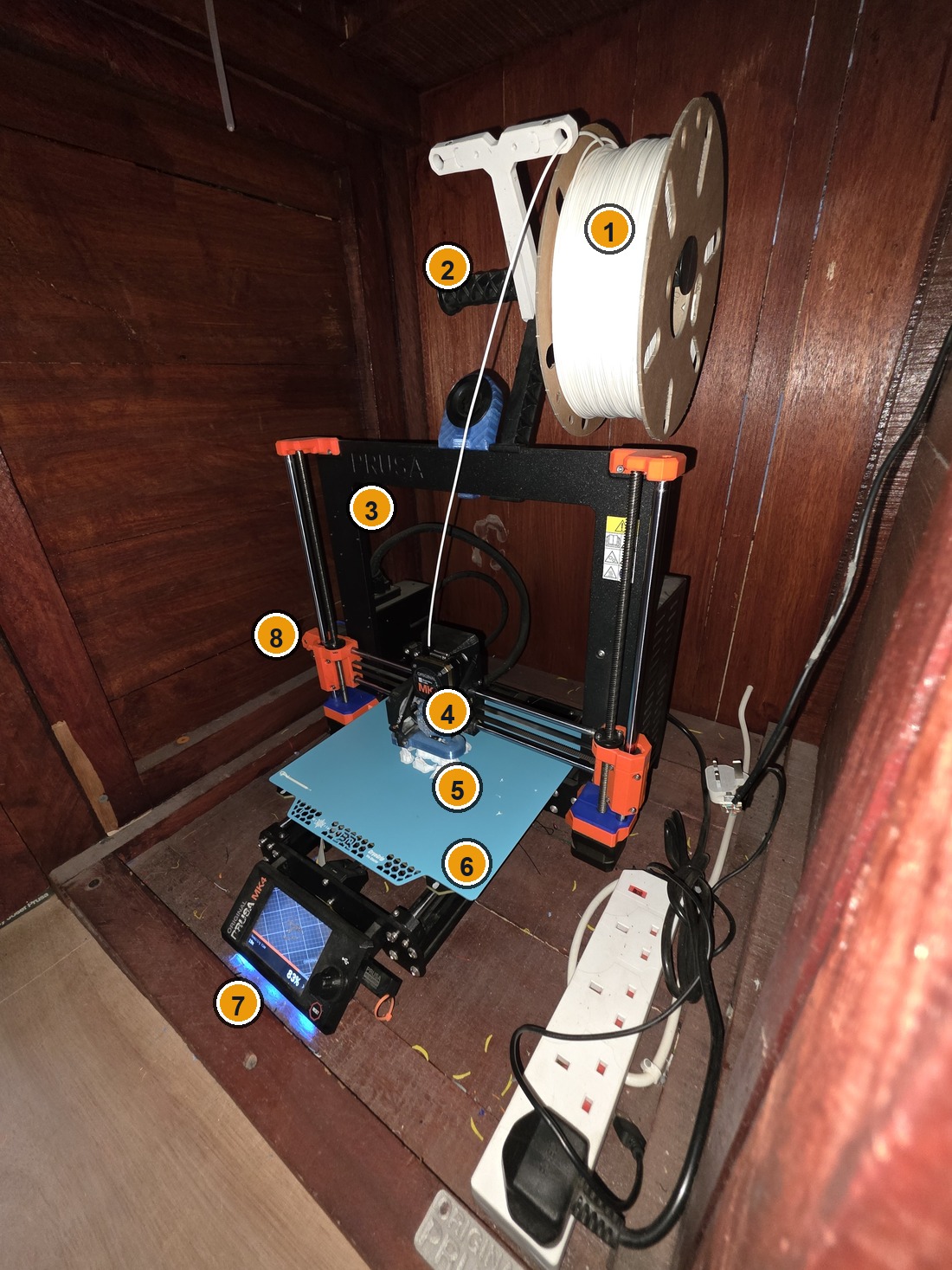 Numbered photograph of a Prusa MK4 showing key printer parts