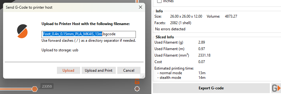 PrusaSlicer G button send dialog