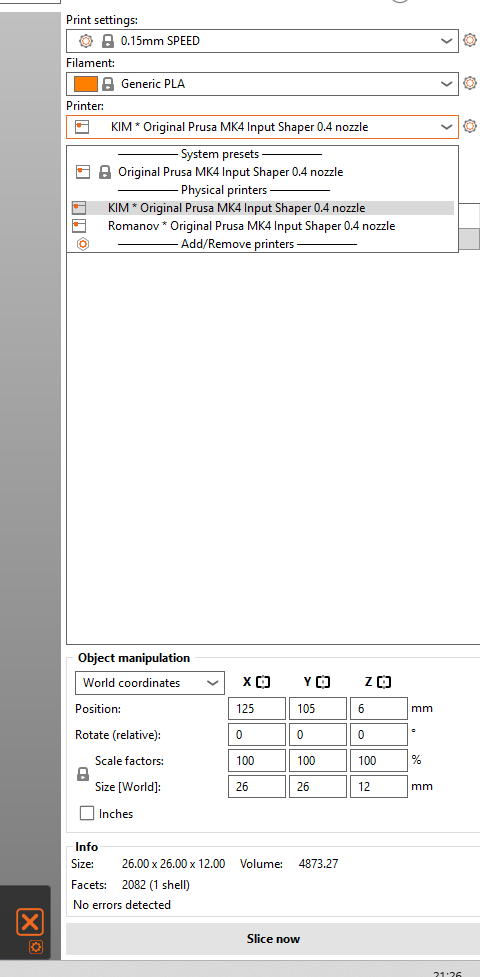 PrusaSlicer physical printer selection
