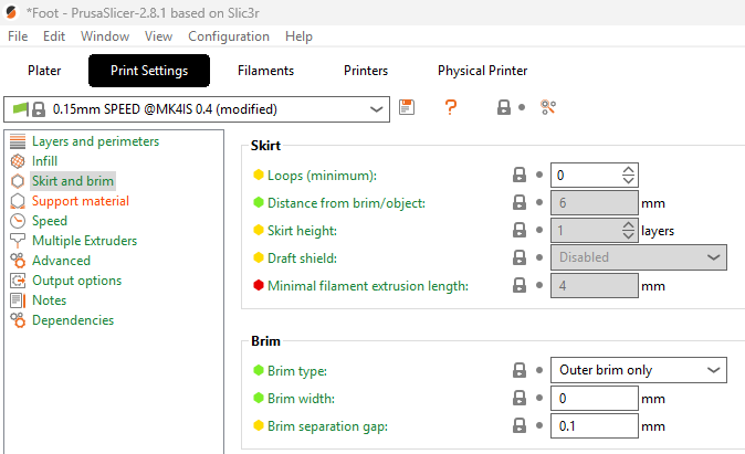 PrusaSlicer skirt and brim settings