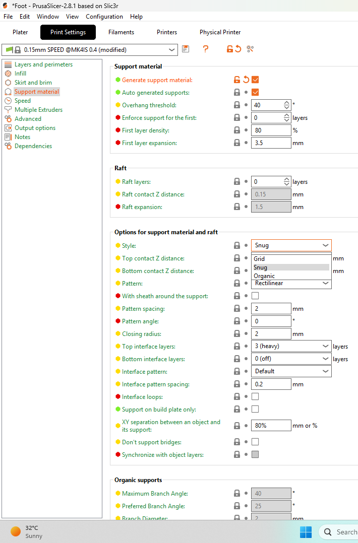PrusaSlicer support material settings